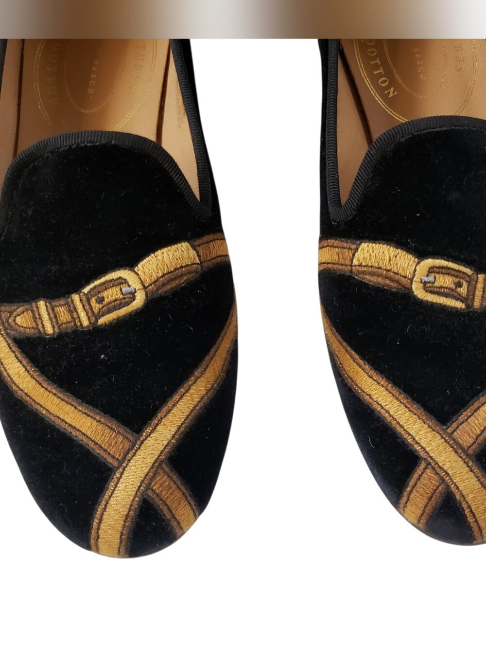 Stubbs & Wotton Black Velvet Embroidered Loafers with Gold Trim - Women Size 7.5 - Picture 6 of 8